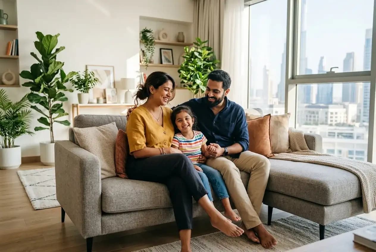 A family of three on their sofa at home, the Dubai skyline through the window